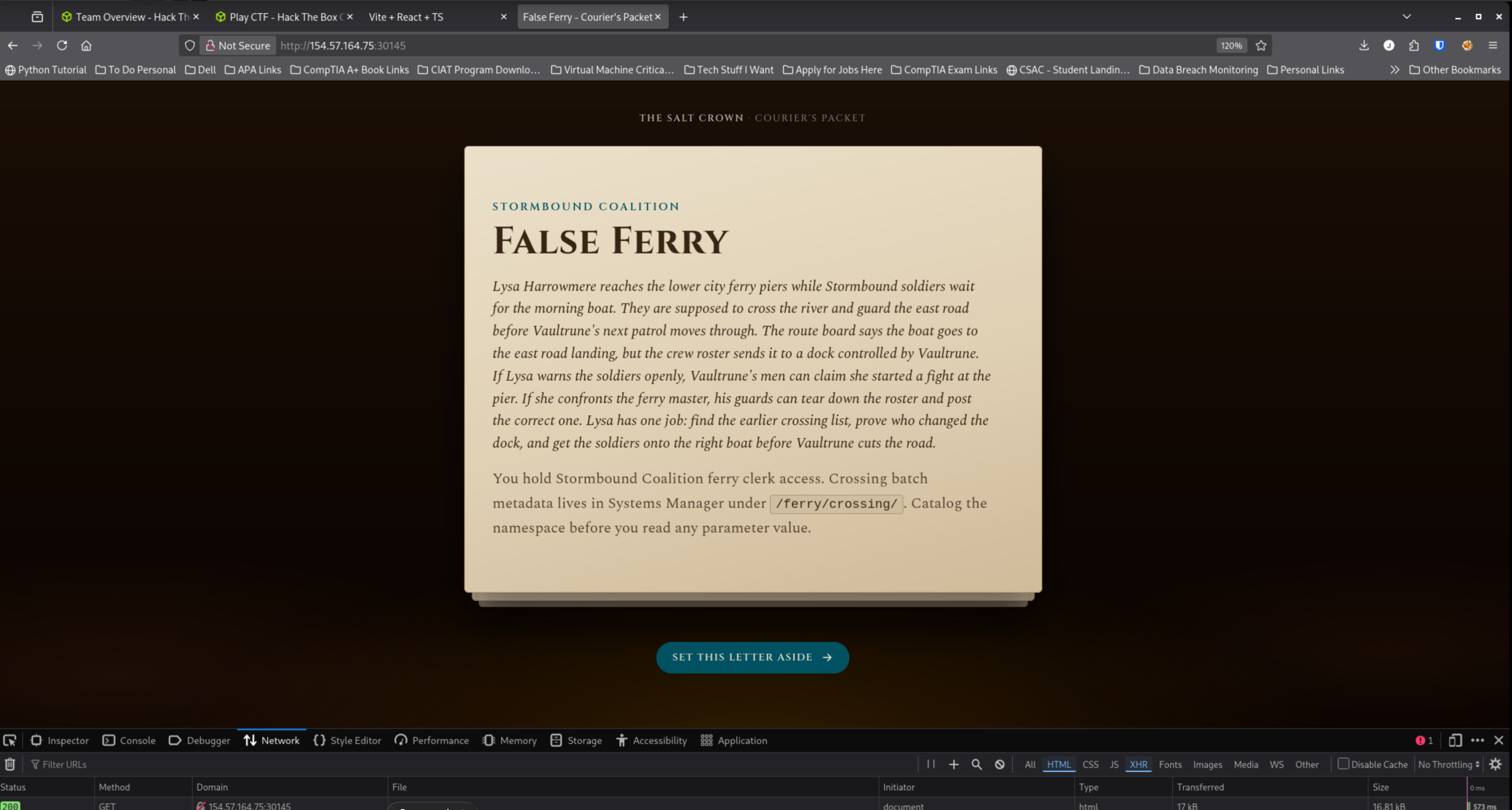Network response belonging to the AWS or False Ferry challenge